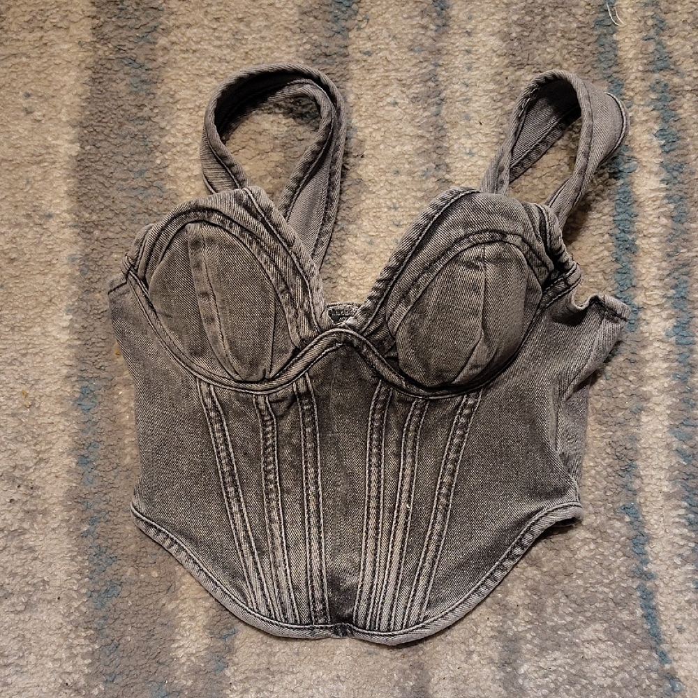 PrettyLittleThing Charcoal Denim Bustier Top